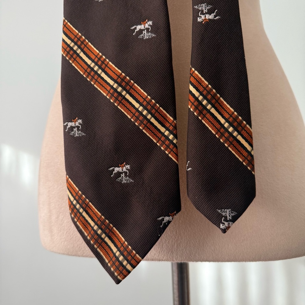 🐎 Vintage 1970s JCPenney Equestrian Wide Necktie Brown Plaid Horse Motif - Picture 3 of 7